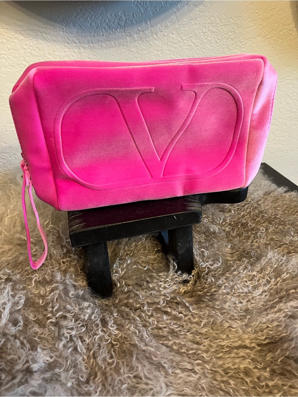 Valentino Garavani Pink Velvet Wristlet Pouch Cosmetic Bag.